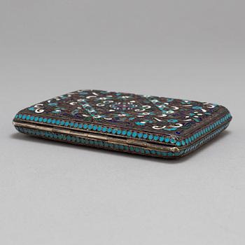 A Russian 20th century silver and cloisonne enamel cigarette case, mark of Mikhail Zoirn, Moscow 1908-1917.