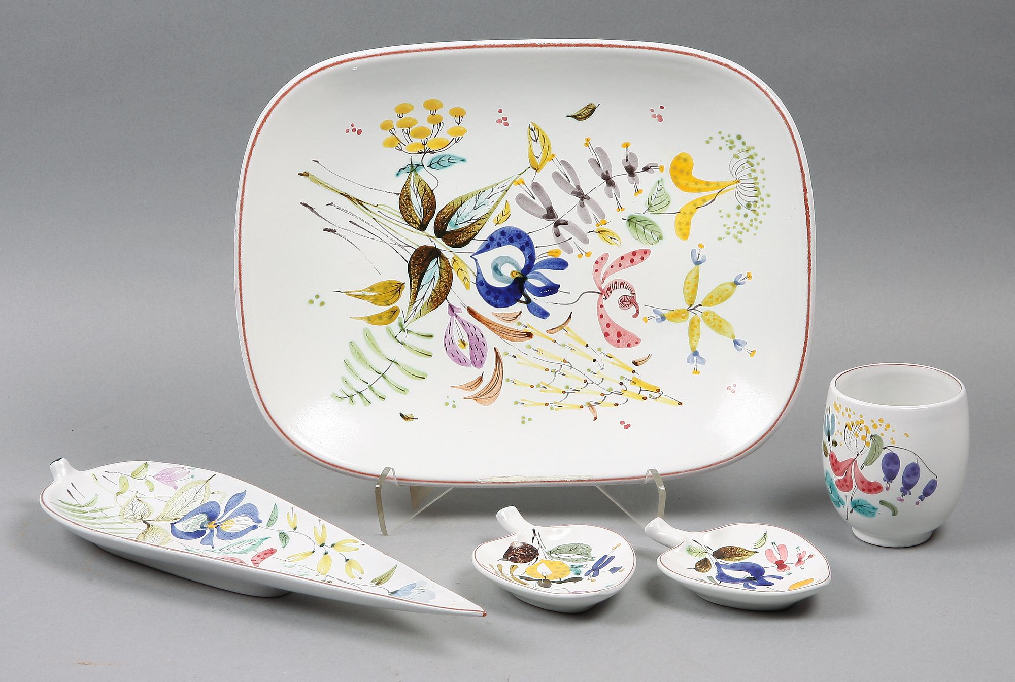 PARTI FAJANS, 5 delar, Stig Lindberg, Gustavsberg, 1940/50-tal.