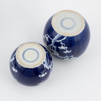 A porcelain pot and three blue and white urns, China, 20th century.