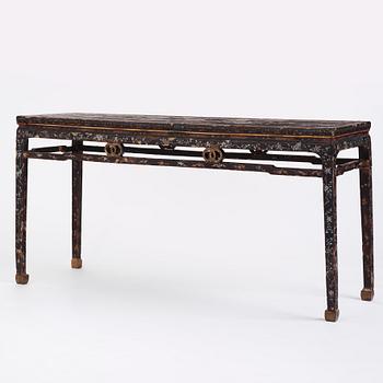 A  Chinese black lacquered altar table with mother of pearl inlay, 17th /18th Century.