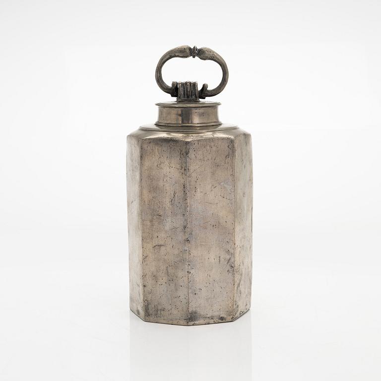 A pewter bottle, maker's mark of Daniel Rising, Turku, Finland, late 18th Century.