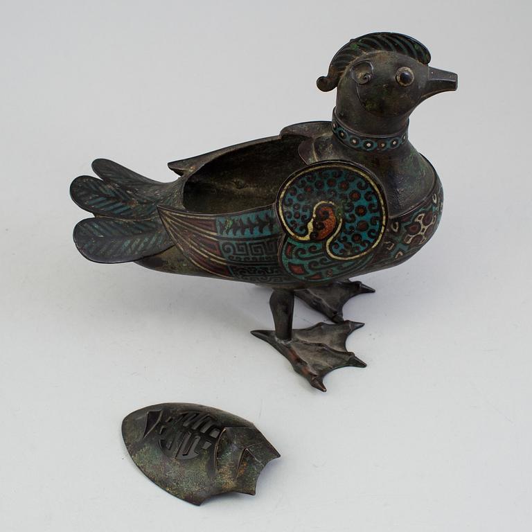 A Japanese bronze and cloisonné censer in the shape of a bird, 20th Century.