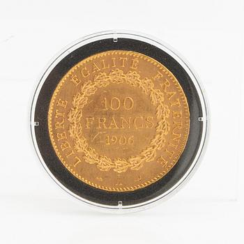 Gold coin France, III:rd Republic Genius 100 francs, 1906.