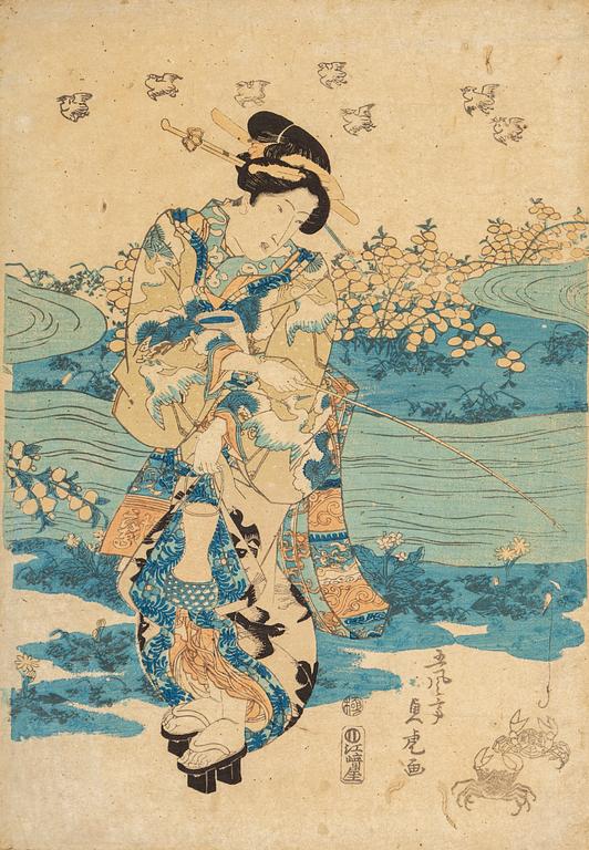 KITAGAWA UTAMARO, samt KATSUKAWA SHUNSHO, efter. Färgträsnitt, två stycken. Japan, sent 1800-tal/tidigt 1900-tal.