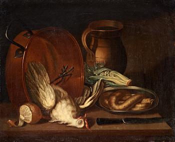 Lars Henning Boman, Still life with a hen, sausage, vegetables and utensils.