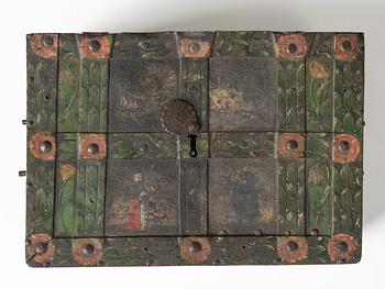 A Baroque South German engraved and polychrome-painted iron and steel strongbox, later part of the 17th century.