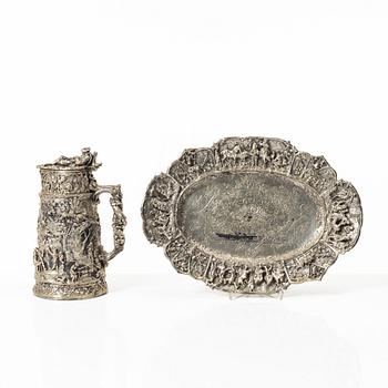 A German silver jug and tray, Gebrüder Friedländer, circa 1900.