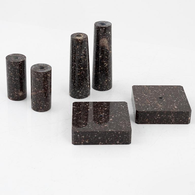 Six parts of porphyr to make candlesticks, 20th Century.
