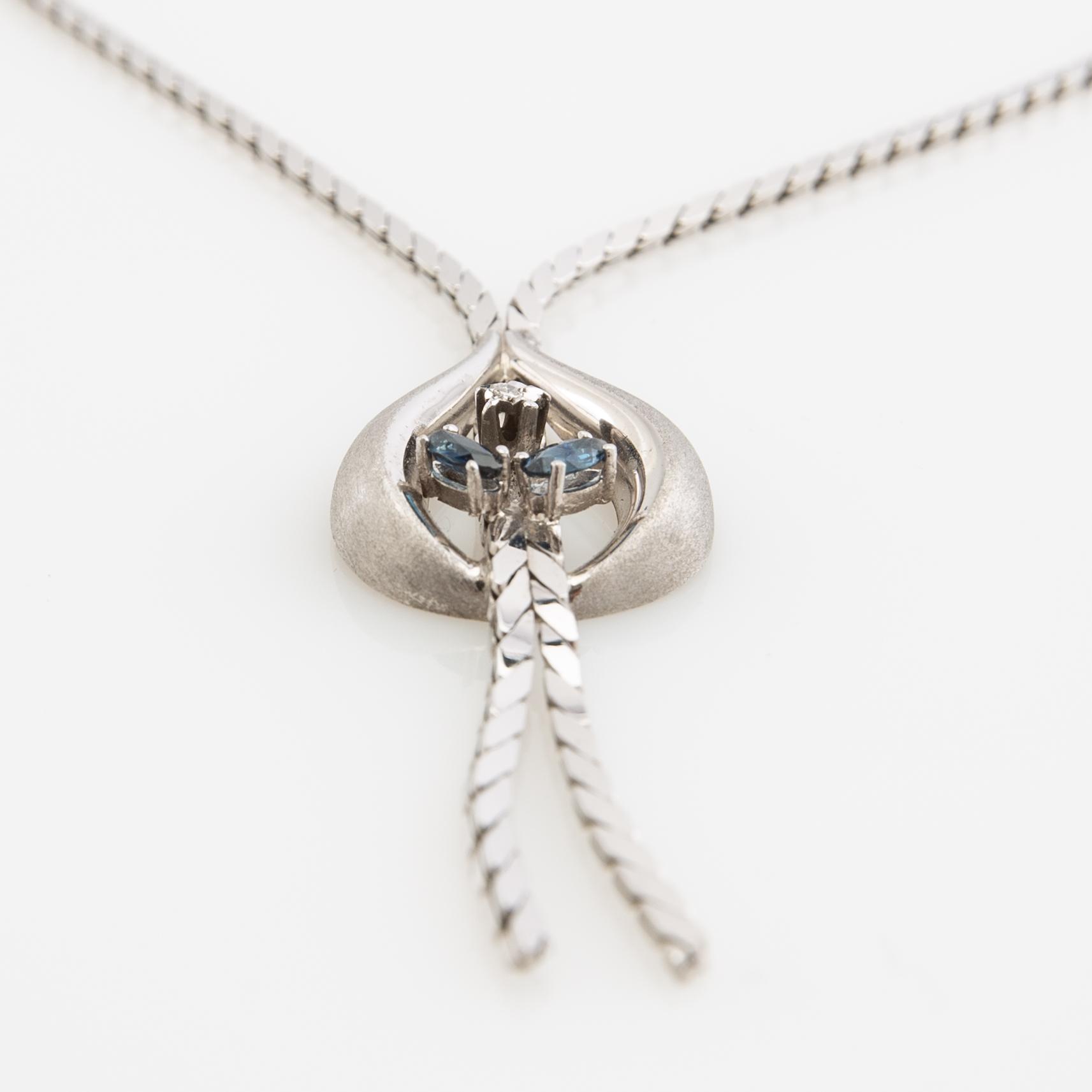 Necklace, 14K white gold with sapphires and diamond.