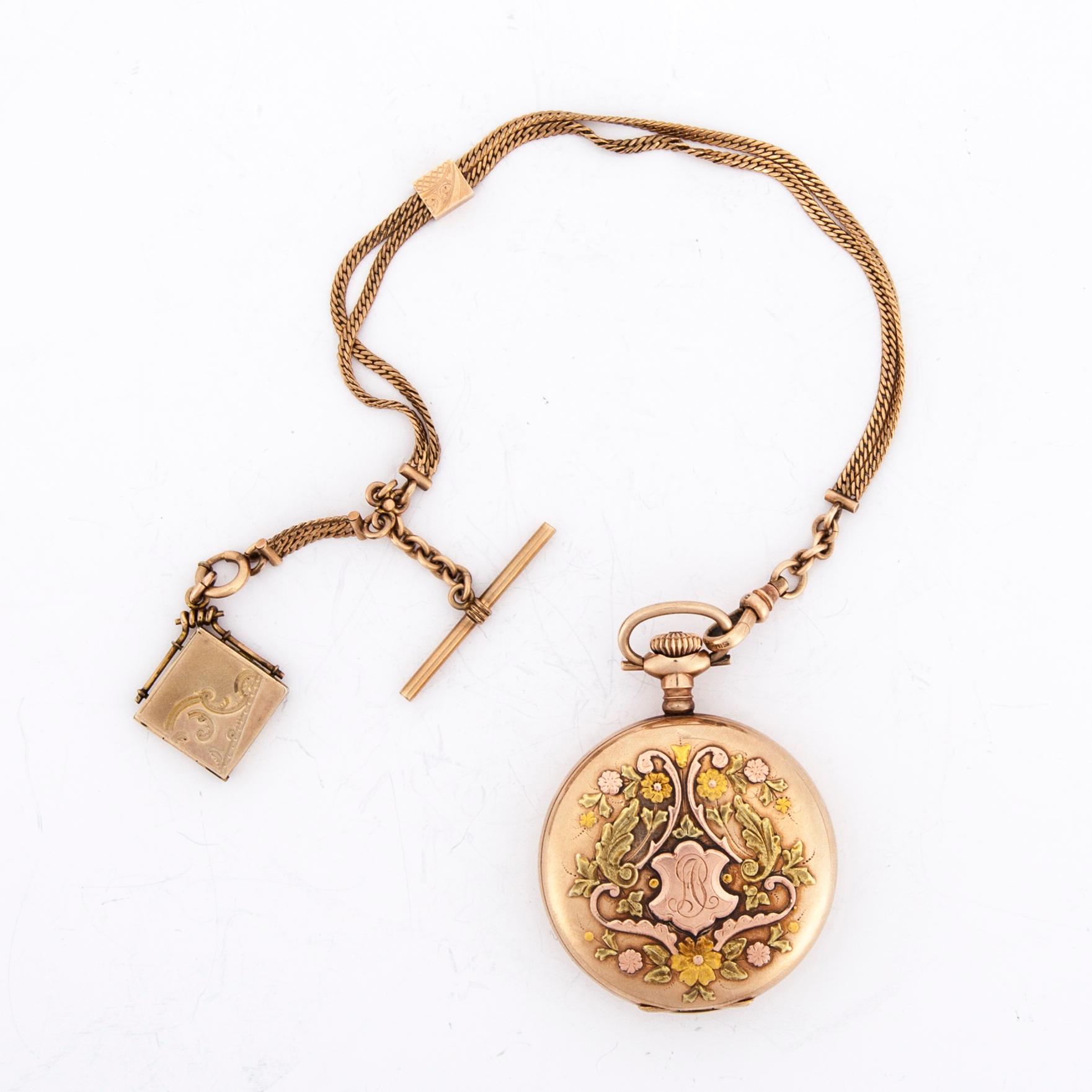 FICKUR, förgylld mässing, Hampden Watch Co, USA, ca 1900, med kedja.