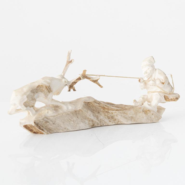 Erik Norberg, figurines, 3 pcs, reindeer antler, signed EN and dated -63, -67, and -69 respectively.