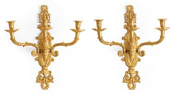 545. A pair of Empire-style late 19th century gilt bronze three-light wall-lights.