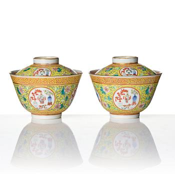 A pair of yellow ground 'medallion' bowls with covers, Qing dynasty with Daoguang mark.