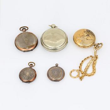 PARTI FICKUR, 5 st, silver samt förgylld metall, mestadels tidigt 1900-tal.