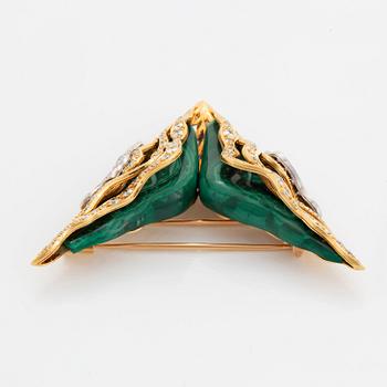 An 18K gold and malachite brooch and pair of earrings set with round brilliant-cut diamonds.