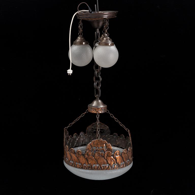 An Art nouveau copper ceiling lamp, early 20th century.