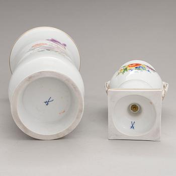 Two Meissen porcelain vases, a platter, an urn and a lidded box from the latter half of 20th century.