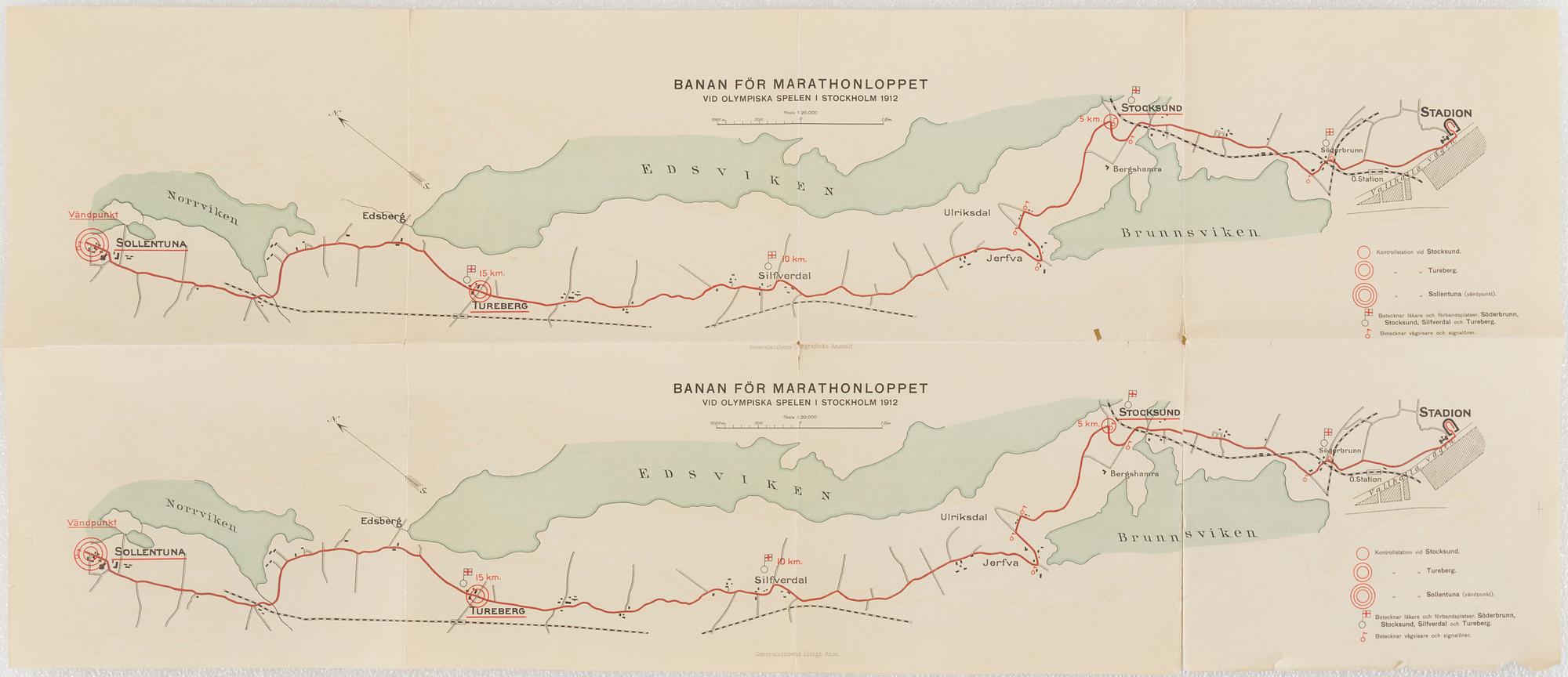 A poster and a map of the marathon track of the Olympic Games in Stockholm 1912.