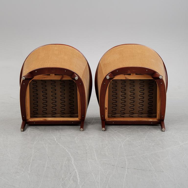 A pair of mahogany and velvet easy chairs by Bröderna Andersson, 1960's.