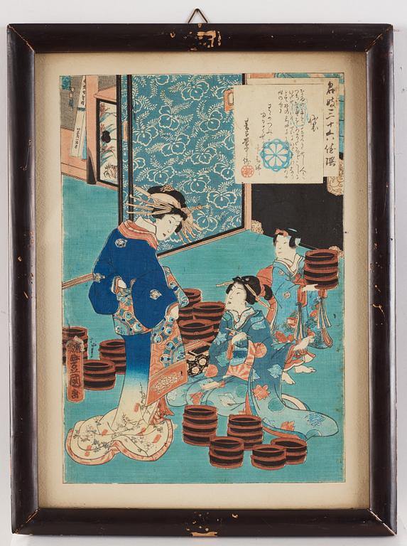 Utagawa Kunisada, four colour woodblock prints, Japan, c. 1850-60.