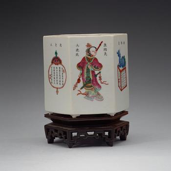 A famille rose hexagonal figure scene brushpot, Qing dynasty, 19th Century.