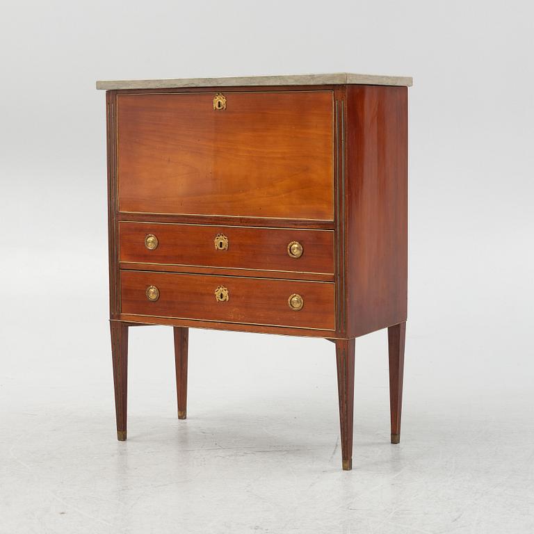 A mahogany veneered late Gustavian secretaire, late 18th century.