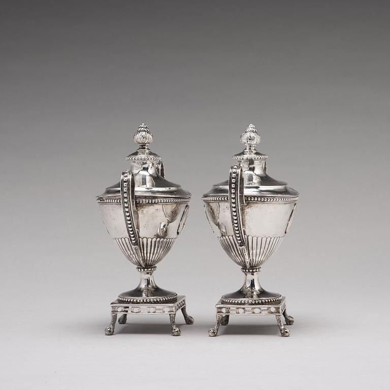 A pair of Swedish 18th century silver sugar-bowls and covers, mark of Johan Ekholm, Stockholm 1792.