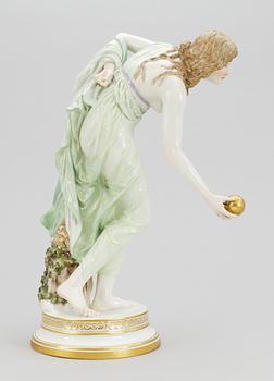 A Walter Schott Art Nouveau porcelain figure, 'Kugelspielerin', Meissen, Germany circa 1900.