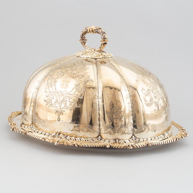 A silver plated cover by Martin, Hall & Co, Sheffield, and dish.