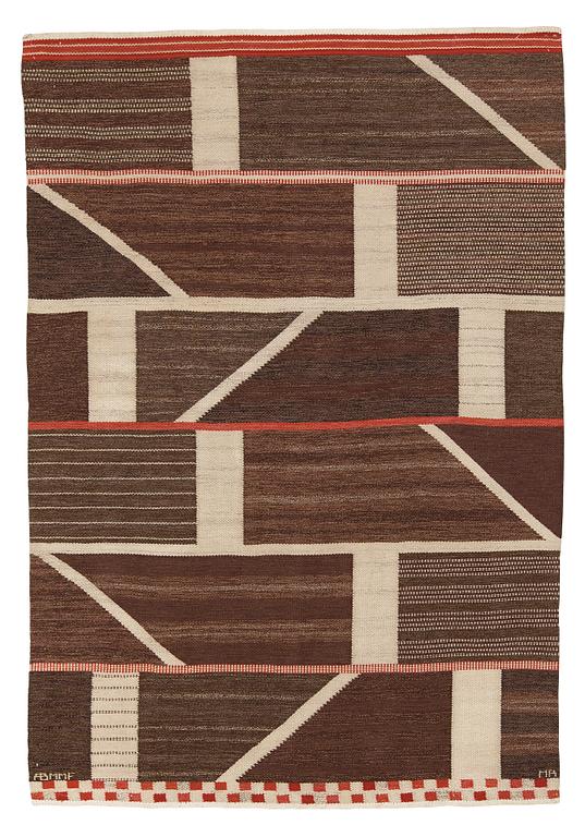 Marianne Richter, MATTO, "Korsvirke, Plommon med rött", flat weave, ca 240,5 x 167 cm, signed AB MMF MR.