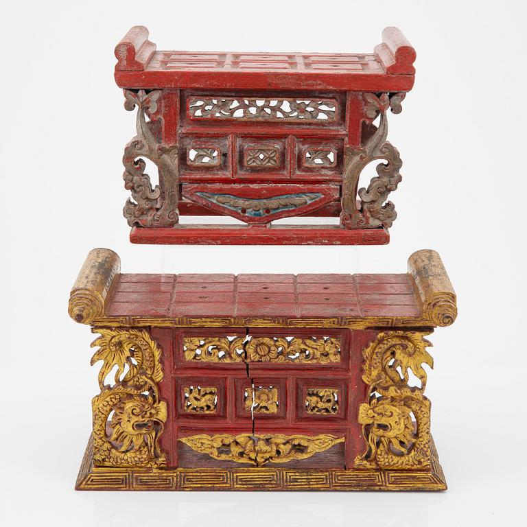 Two red lacquer and gilded altar tables, Indonesia, Jakarta, 20th Century.