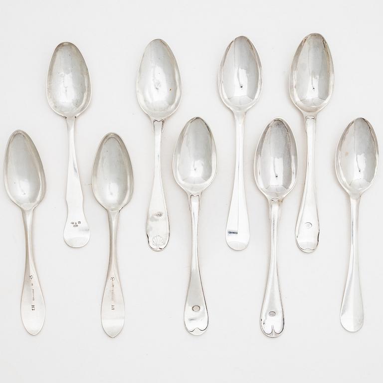 Nine Swedish silver spoons, early 19th century.