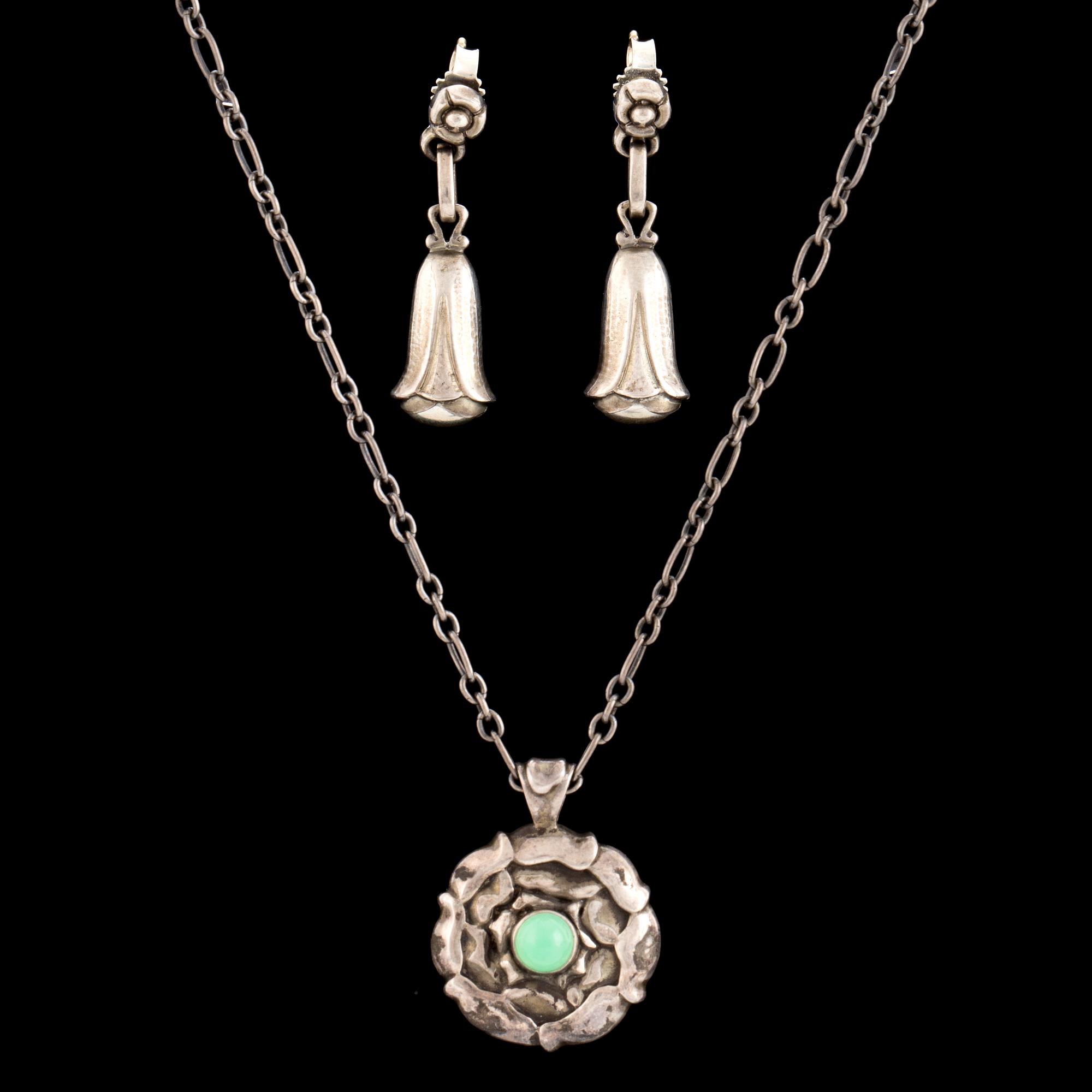 GEORG JENSEN, pendant and pair of earrings, sterling silver, late 20th century.