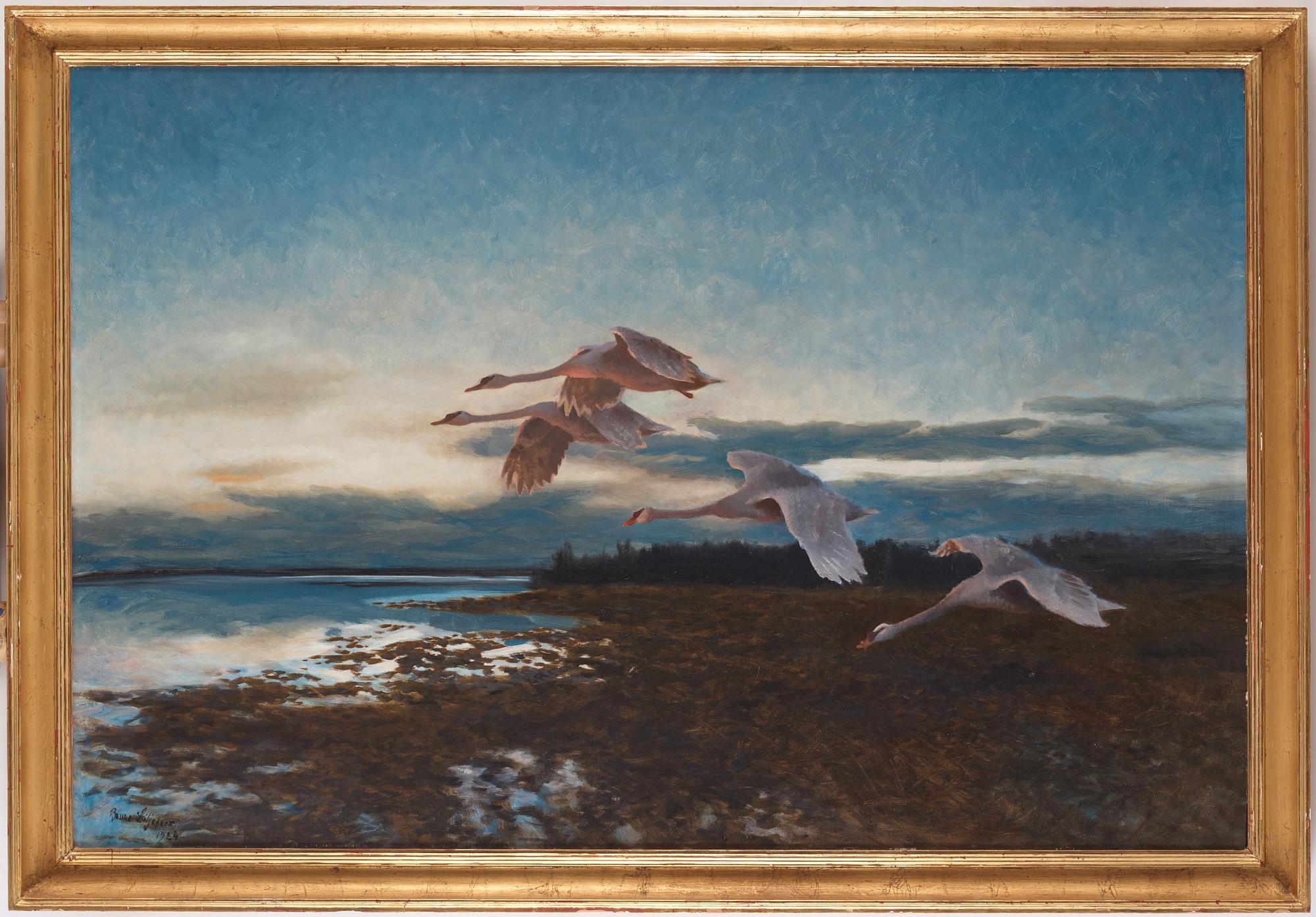 Bruno Liljefors, Twilight landscape with stretching swans.