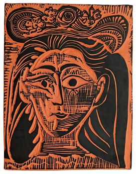 PABLO PICASSO, plakett, "Femme au chapeau fleuri", Madoura, Vallauris, Frankrike 1964.