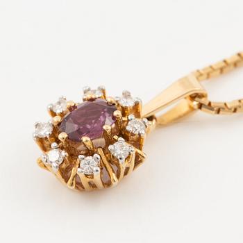 Pendant with gold chain, 
Pendant with white gold chain, 
Earrings a pair, rubies with brilliant-cut diamonds.