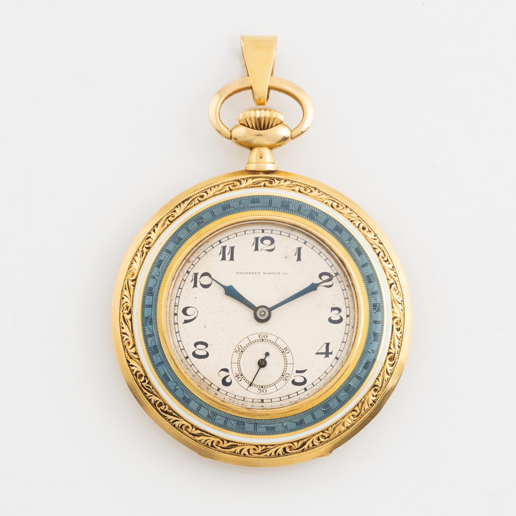 Tavannes Watch Co, Trusty, 18K gold/enamel, pocket watch, 47 mm.