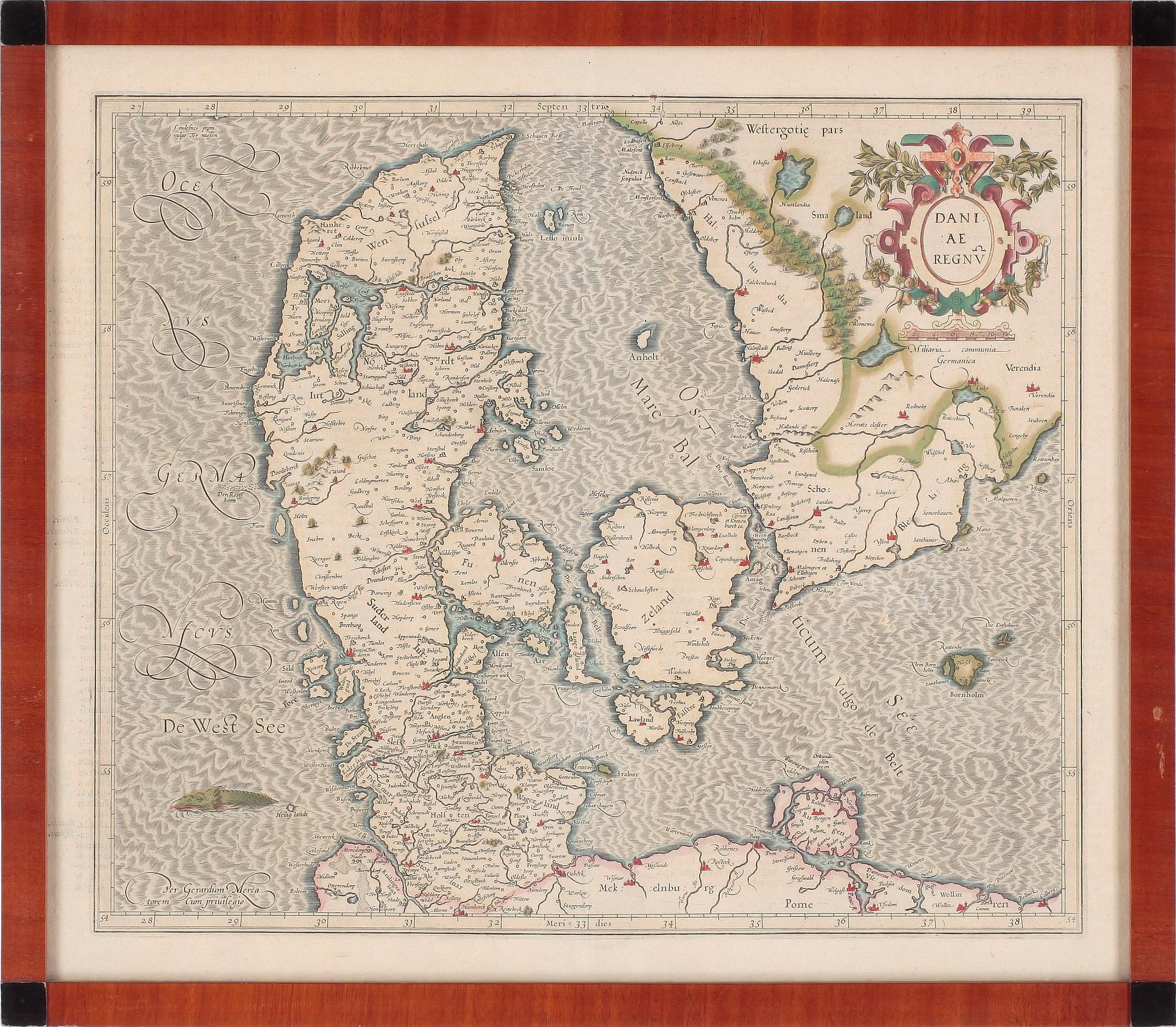 KARTA, kolorerad etsning, Danmark, 1700-talets andra hälft.