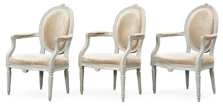 Three matched Gustavian 18th Century armchairs.