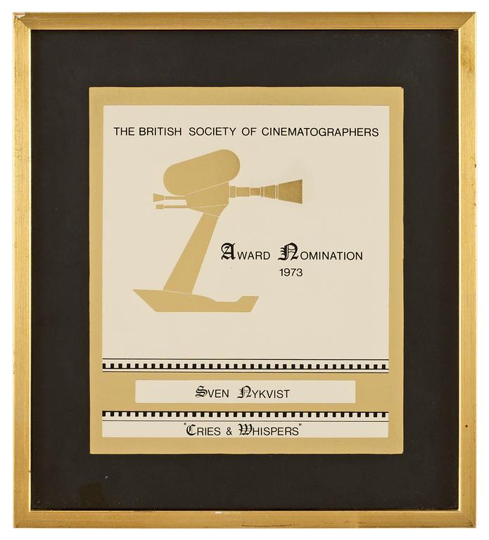 CERTIFICATE OF NOMINATION 1973, The British Society of Cinematographers.