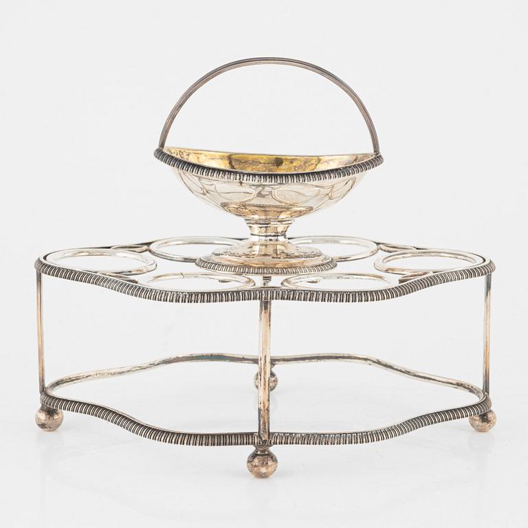 Äggställ, silver, bl.a. Walker Knowles & Co, Sheffield, England, 1800-tal.
