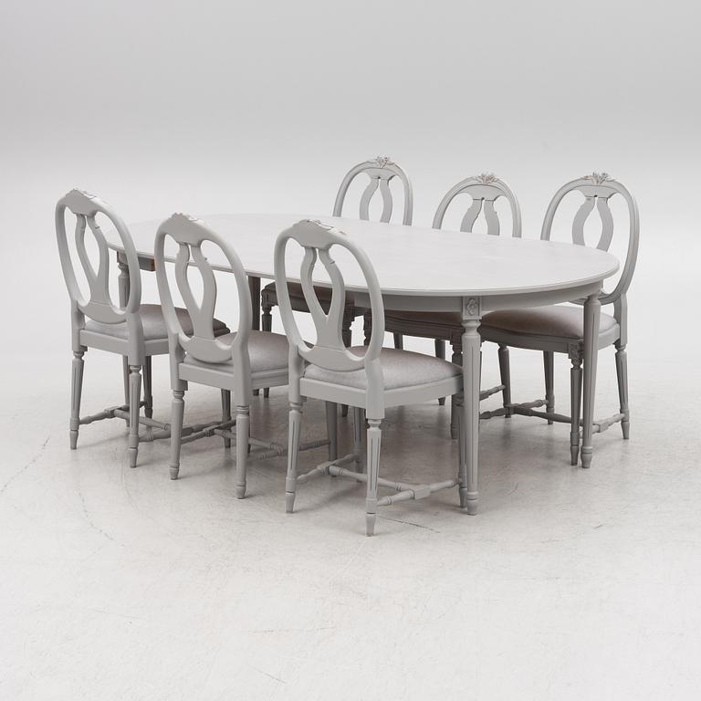 Dining table, 6 chairs, Gustavian style, 20th century.