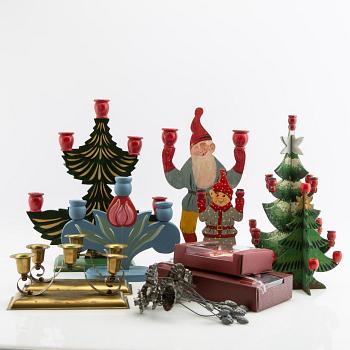 Candelabras and Christmas tree candle holders as well as Christmas tree decorations 22 pcs 20th century.