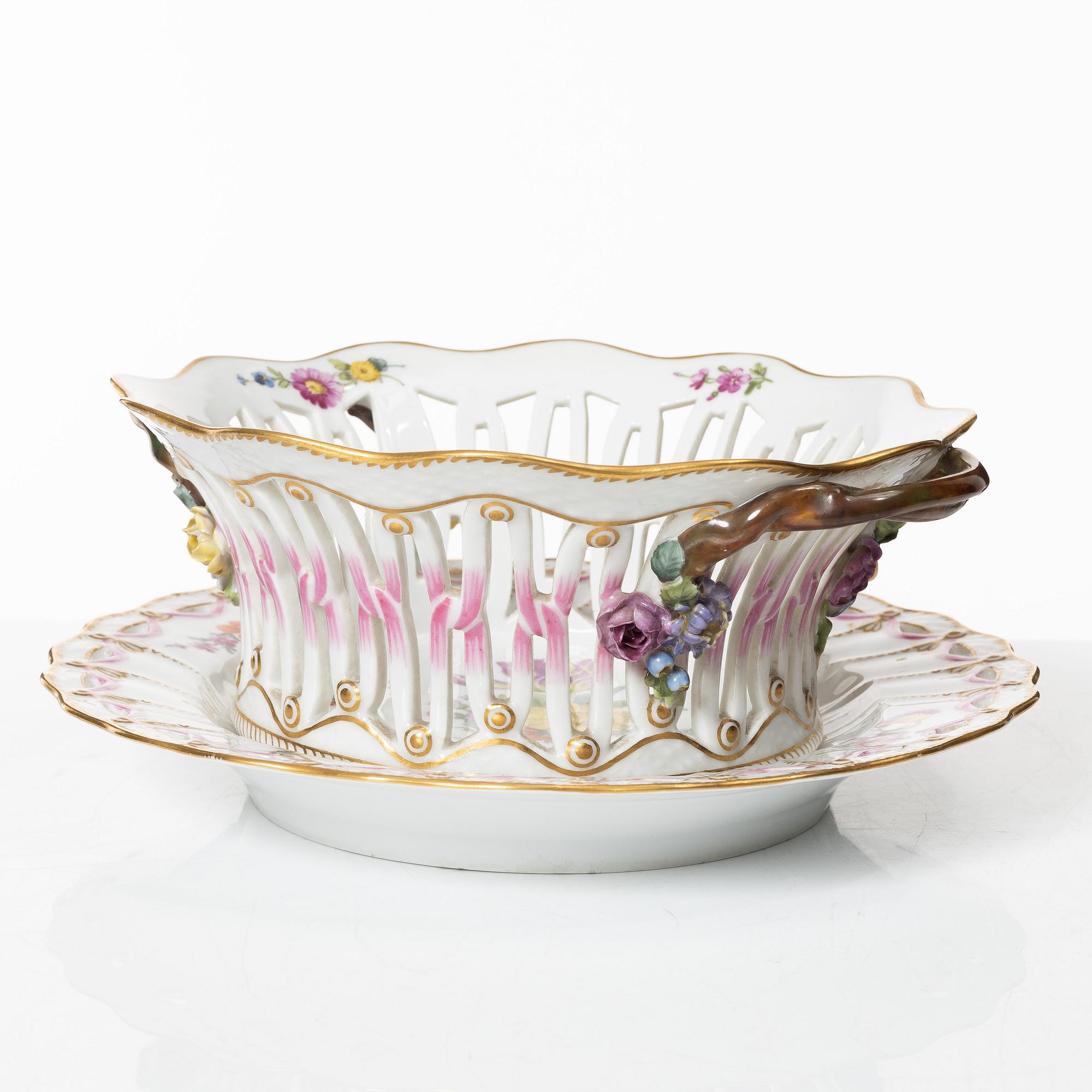 Royal Copenhagen, a 'Saxon Flower' basket on stand, Denmark, 1889-1922.