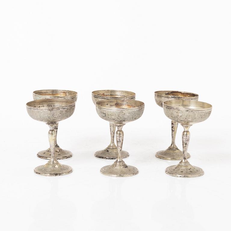 Cocktailglas, 6 st, samt bricka, silver, Iran, 1900-tal.