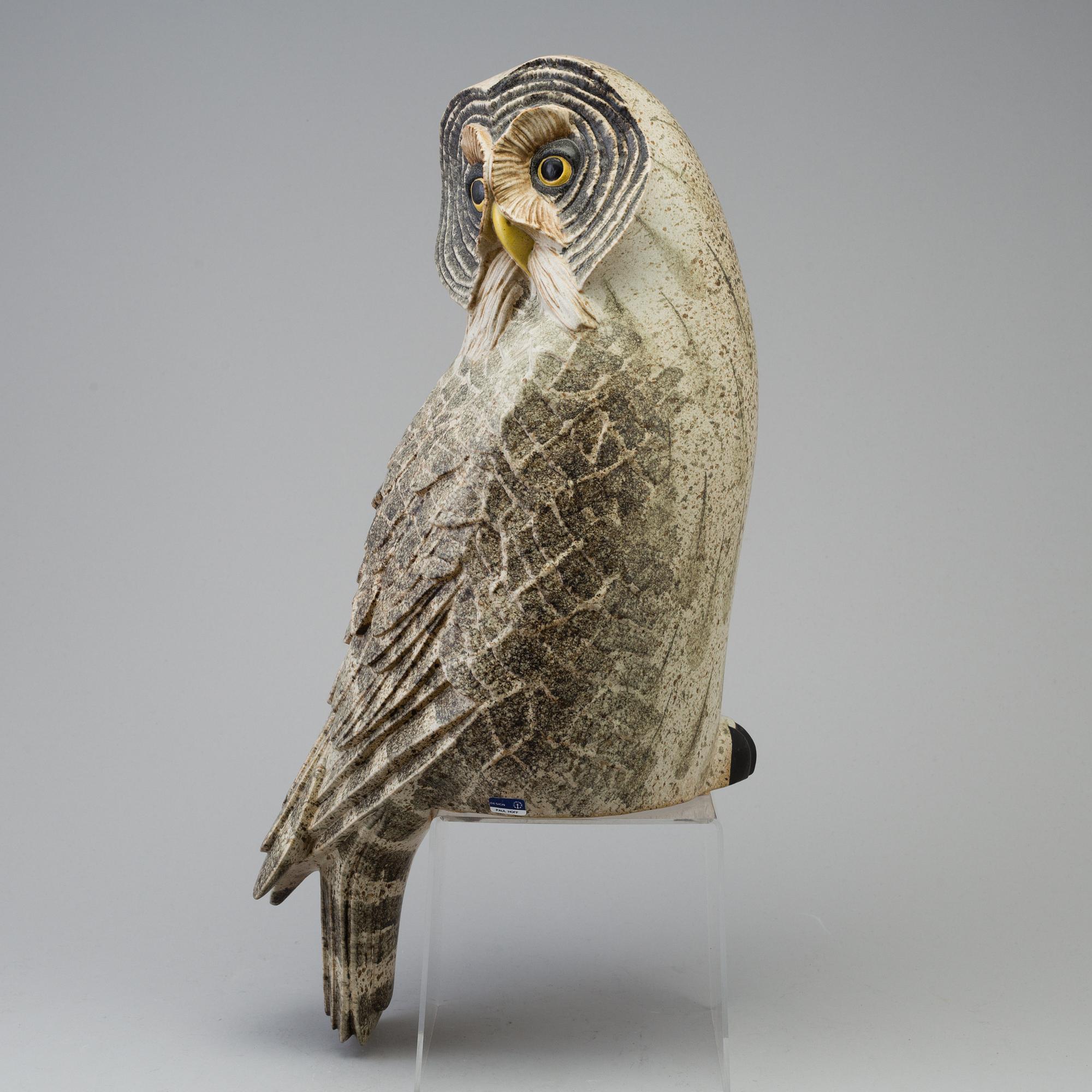 PAUL HOFF, a stoneware sculpture of a "Strix Nebulosa" owl, no 377, Gustavsberg studio, Sweden 1986.