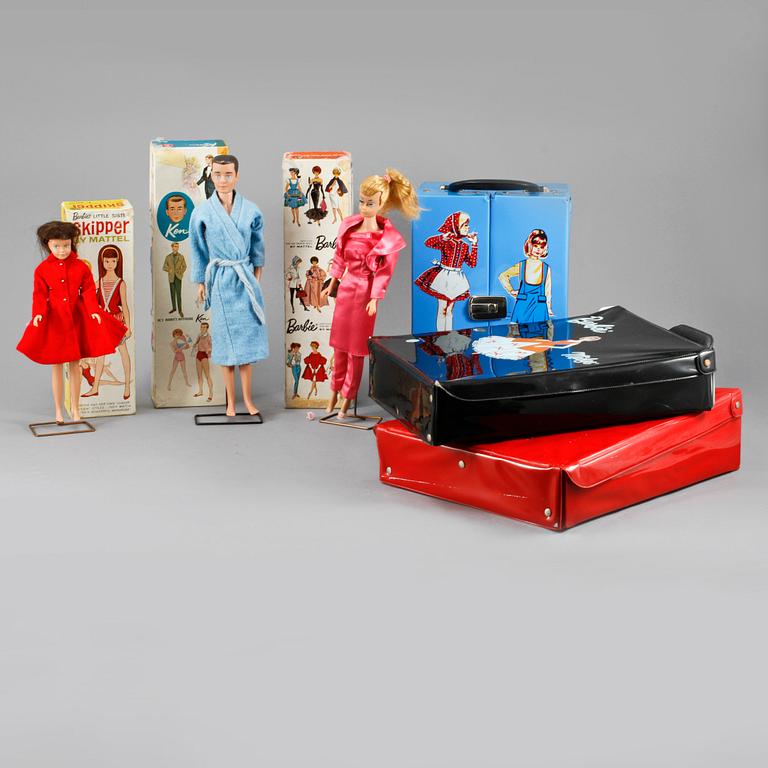 BARBIEDOCKOR, 3 st, med TILLBEHÖR, Mattel, 1950-60-tal.