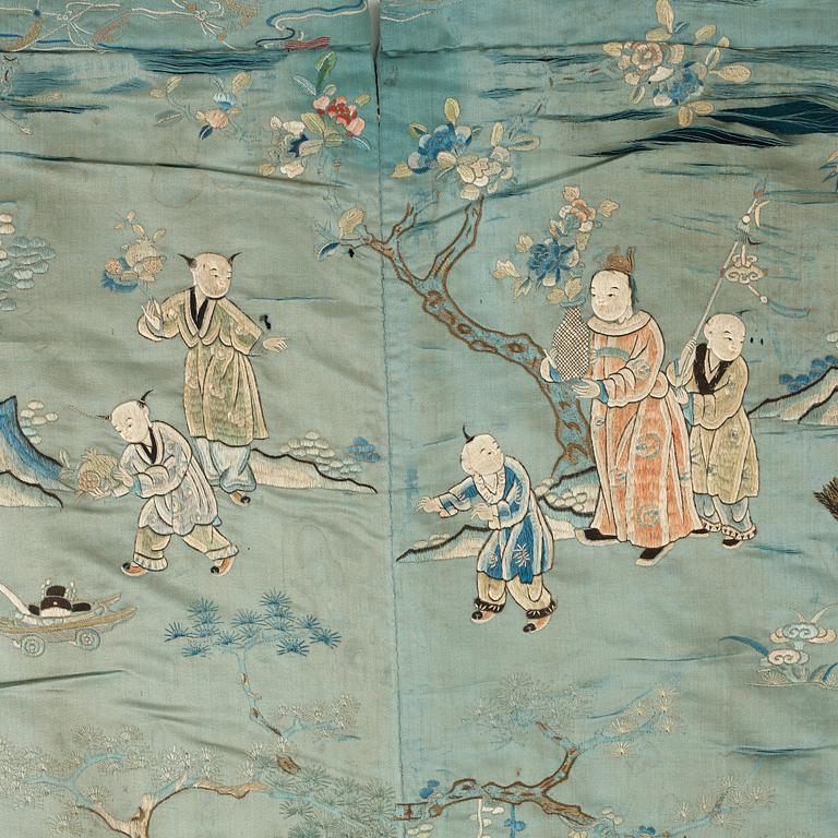 A large embroidered silk panel lined with wool, late Qing dynasty.