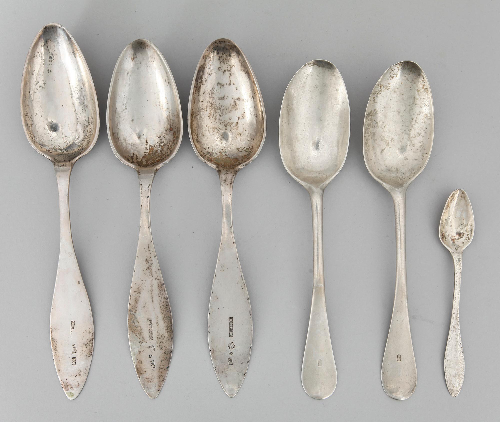 PARTI SILVER, 6 delar, bl a Magnus Lönberg, Borås, 1816. 247 gram.