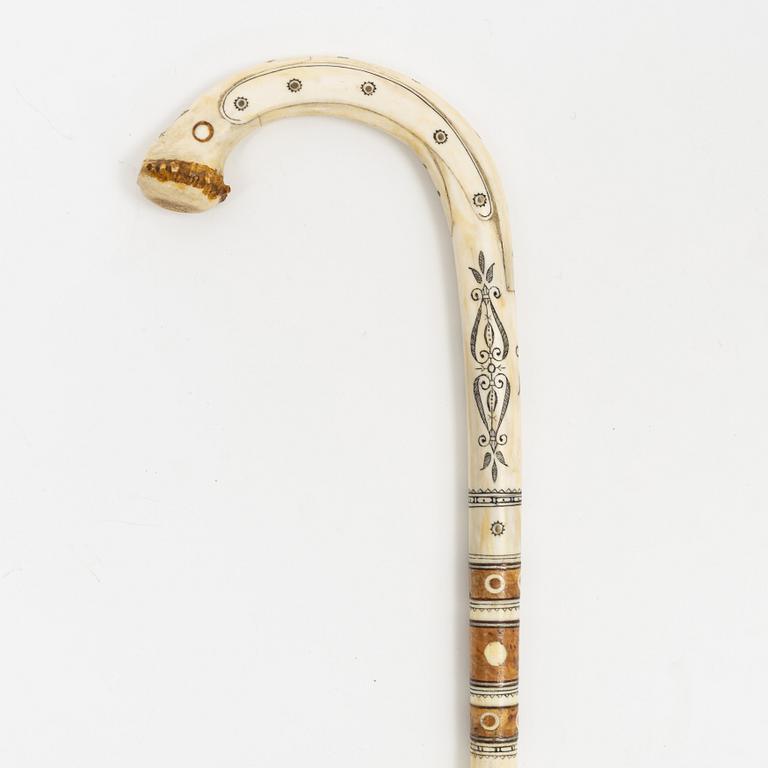 Anton Enarsson, a birch and reindeer horn walking stick, signed AE.